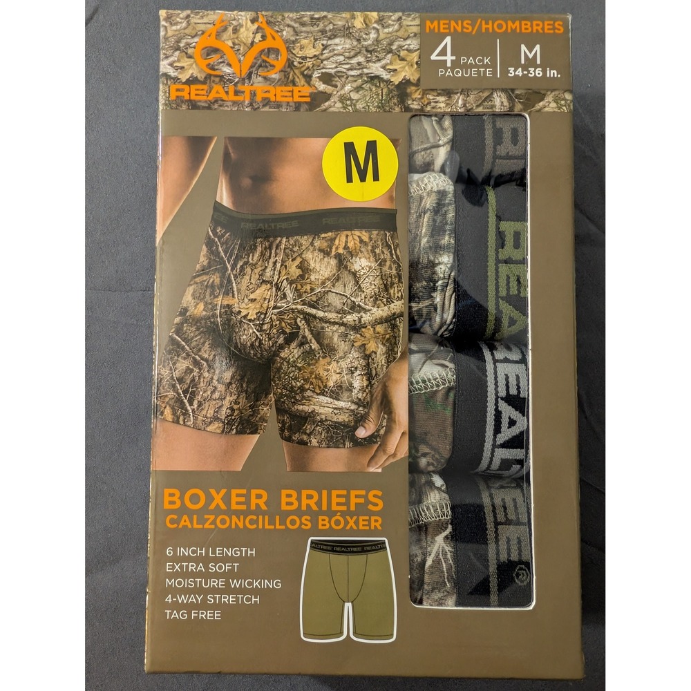Realtree Mens 4 Pack Boxer Briefs Medium Camouflage Moisture Wicking RT0002 NWT